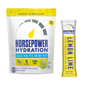 Horsepower Hydration Electrolyte Drink Mix package and single packet on a white background