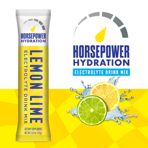 Horsepower Hydration Lemon Lime electrolyte drink mix package on a yellow background with lemon and lime graphics.