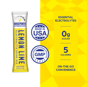 Horsepower Hydration Lemon Lime electrolyte drink mix package with product details on a yellow and white background.