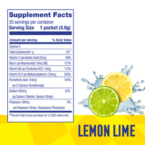 Supplement facts label for lemon lime flavor with lemon and lime graphics on a yellow background