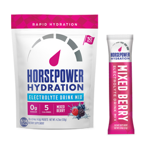 Horsepower Hydration Electrolyte Drink Mix package and single packet on a white background