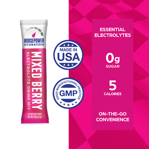 Horsepower Hydration Mixed Berry electrolyte drink mix package on a pink background
