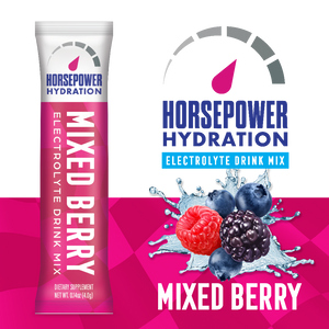 Horsepower Hydration Mixed Berry electrolyte drink mix package on a pink background