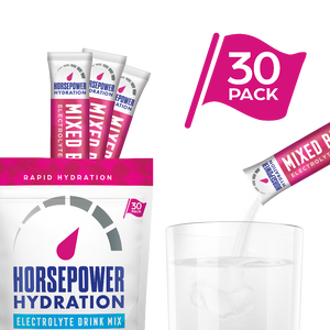 Horsepower Hydration Electrolyte Drink Mix packaging with a glass of water on a white background