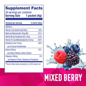 Supplement facts label for a product with mixed berry flavor on a pink background