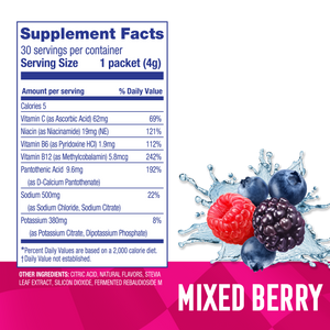 A supplement facts label for a berry-flavored powder or supplement, shown on a white background with a splash of water and mixed berries. The label reads 'Supplement Facts' and lists nutrients such as Vitamin C, Niacin, Vitamin B6, Vitamin B12, Pantothenic Acid, Sodium, Potassium, and Calories.
