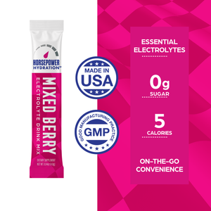 A single stick pack of Horsepower Hydration Mixed Berry electrolyte drink mix shown on a split white and bright pink background with marketing text and badges reading Made in USA and GMP.