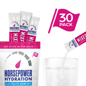 Horsepower Hydration electrolyte drink mix 30-pack, showing the white and pink retail bag with three individual stick packs, a glass being filled, and a pink '30 PACK' graphic on a white background.