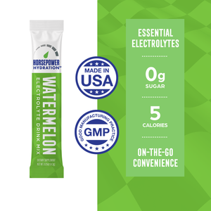 Watermelon flavored Horsepower Hydration electrolyte mix stick packs, zero sugar, designed for hydration and energy.