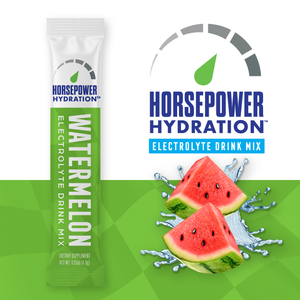 Watermelon flavor electrolyte mix sticks by Horsepower Hydration, zero sugar hydration sticks in a 30-count pack.