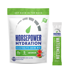 Watermelon-flavored Horsepower Hydration electrolyte mix stick pack for zero sugar hydration, 30-count packet.